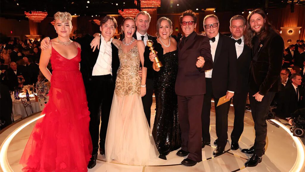 Florence Pugh, Cillian Murphy, Emily Blunt, Christopher Nolan, Emma Thomas, Robert Downey Jr., Charles Roven, Matt Damon and Ludwig Göransson accept the award for Best Motion Picture - Drama for "Oppenheimer" at the 81st Golden Globe Awards held at the Beverly Hilton Hotel on January 7, 2024 in Beverly Hills, California. CHRISTOPHER POLK/GOLDEN GLOBES 2024/GOLDEN GLOBES 2024 VIA GETTY IMAGES